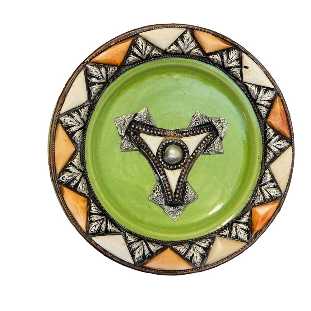 Vintage Moracan & Bone Ceramic Footed Metal & Agate Inlay Decorative Dish Plate
